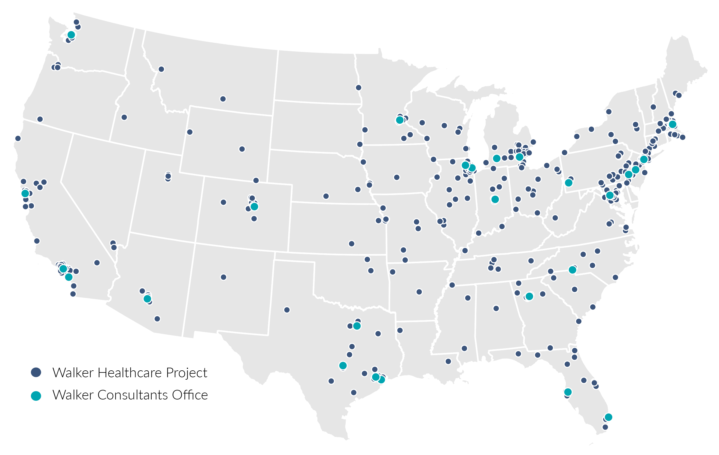 Map of hundreds of Walker healthcare projects around the nation