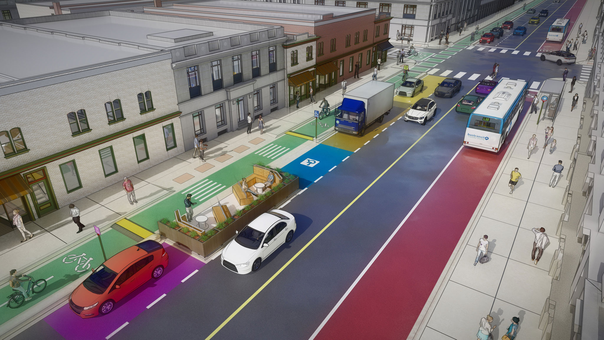 Rendering of a city block with a managed curb, bus lane, and bike lane