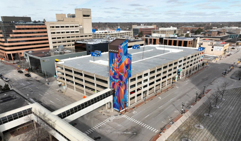 North Grand Ramp in Lansing seen from the sky with brightly painted staircase in the foreground