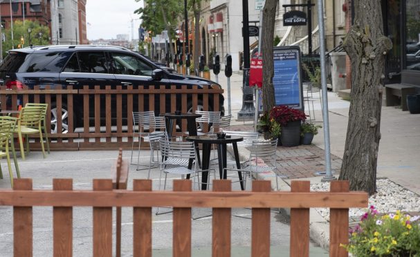 On-street parking spaces used for restaurant space in downtown Milwaukee