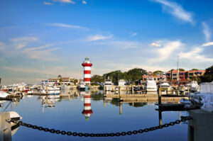 Harbor at Hilton Head Island with red and white lighthouse