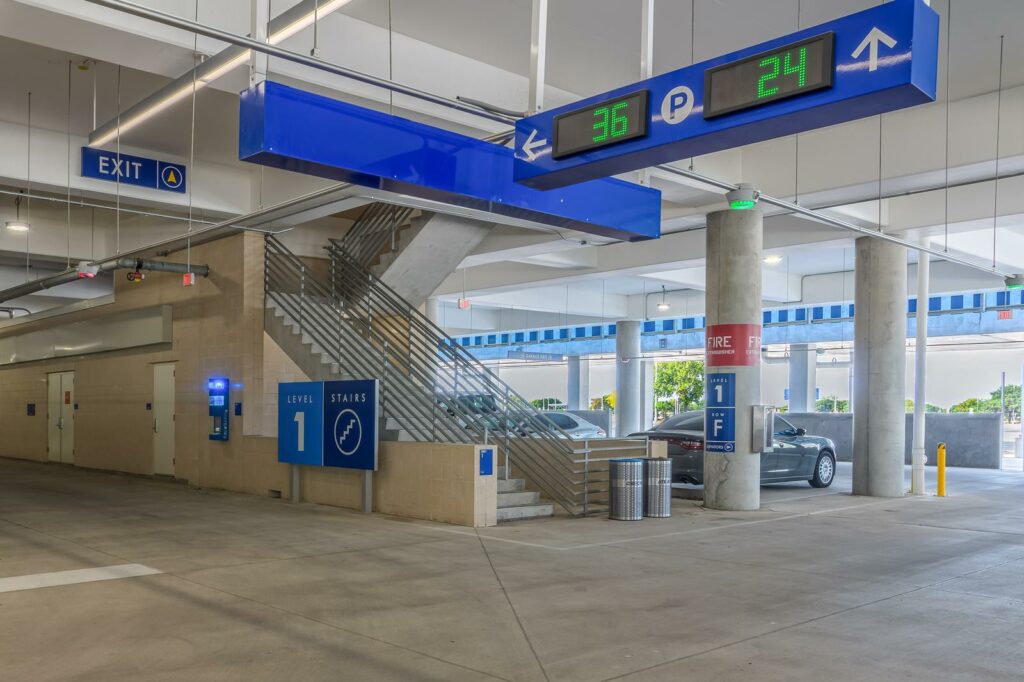 Parking guidance displays inside the parking structure at ABIA