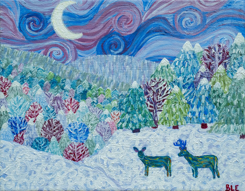 Painting of wintry night scene with colorful trees, crescent moon, and two reindeer